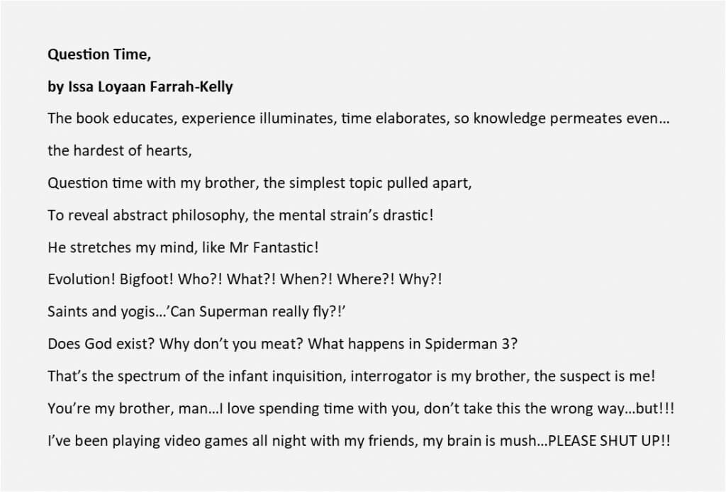 Question Time,
by Issa Loyaan Farrah-Kelly
