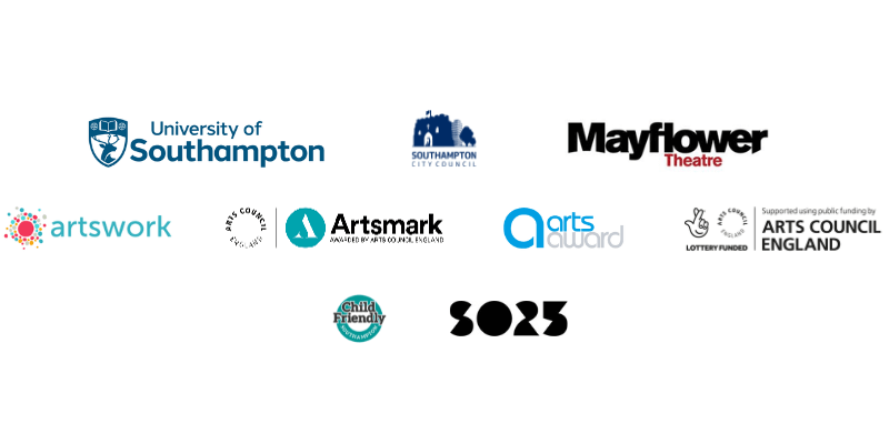 Supporter logos: University of Southampton, Southampton City Council, Mayflower Theatre, Artswork, Artsmark, Arts Award, Arts Council England, Child Friendly Southampton, SO25
