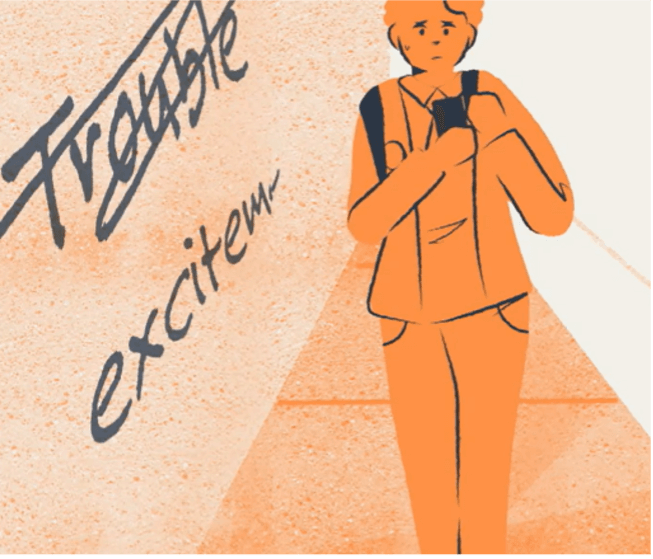 Illustration of a young person with a phone. Trouble is crossed out on the wall and excitement is written underneath.